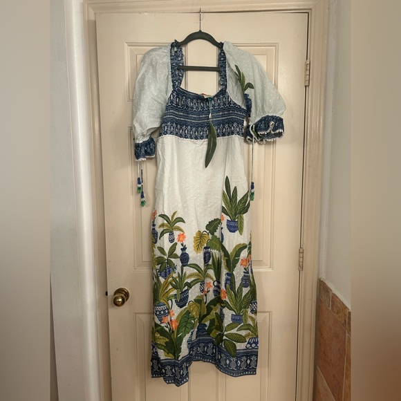 NWT Farm Rio Vase Forest Print Smocked Maxi Dress Tropical Blue Flower Pot XL - Picture 2 of 5